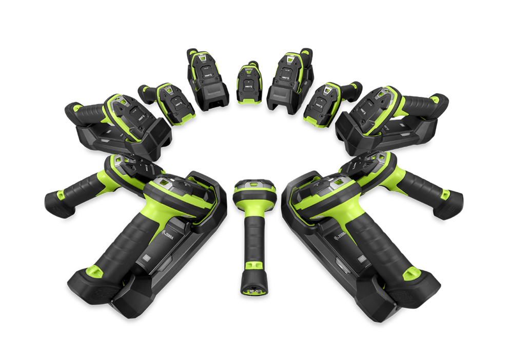 En cirkel av robusta Zebra-streckkodsläsare i svart och grönt.