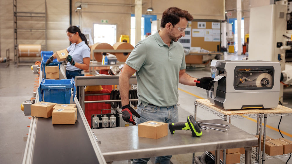 Två personer arbetar i en lagerlokal – en man använder en industriell etikettskrivare medan en kvinna packar lådor på ett transportband.