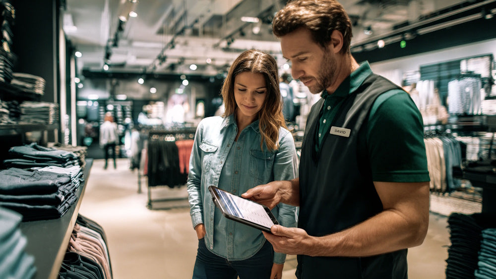 Butiksmedarbetare visar kund information på Zebra ET401 enterprise-surfplatta i klädbutik